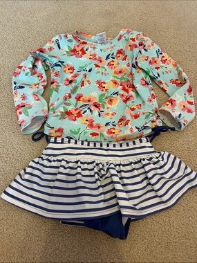 Ruffle Butts Floral Mint Long Sleeve Swim Top with Navy Striped Skirted Bottom